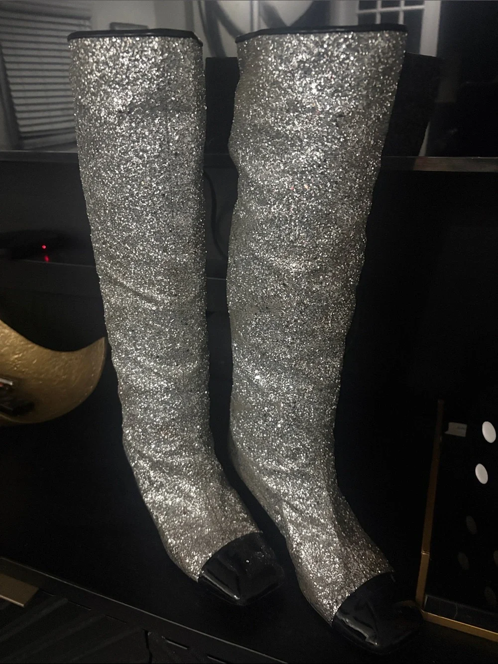 CHANEL AW 2017 Iconic Silver Glitter Black Patent Leather Boot